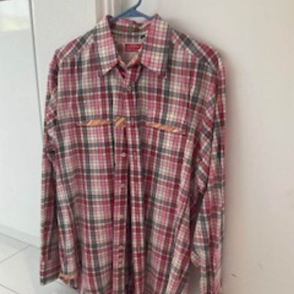 Robert Graham Long Sleeve Charcoal/Pink Plaid Cotton Shirt Size M